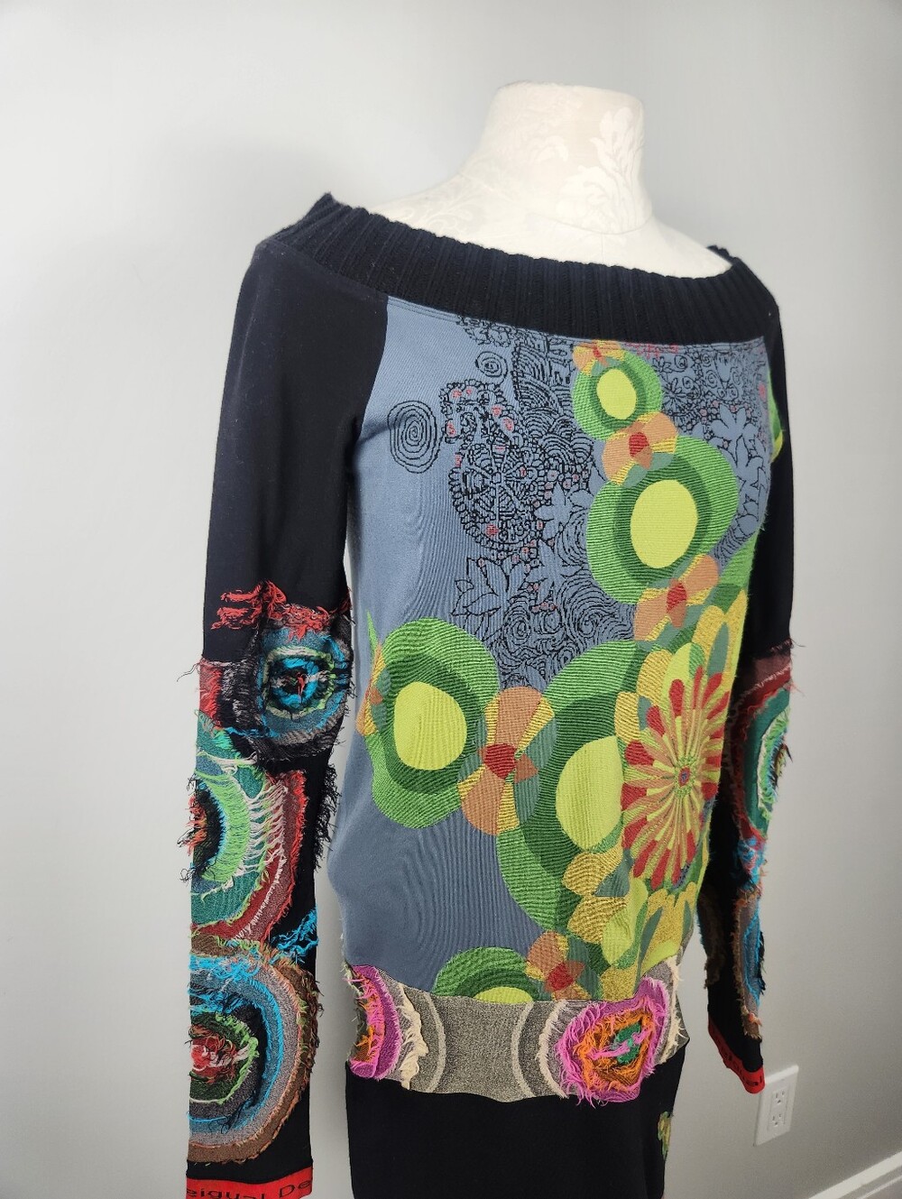 Desigual Mixed Media Long Sleeve Stretch Dress Sz M Artsy Art To Wear Grunge Y2K - Picture 4 of 15
